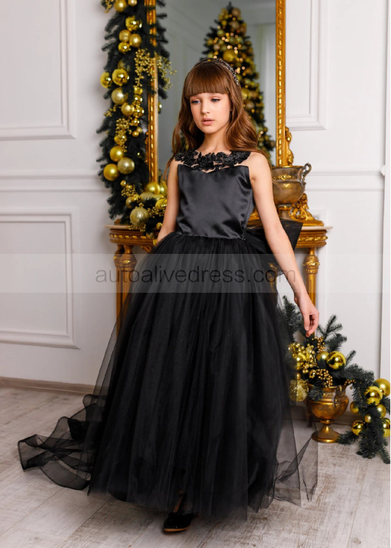 Black Lace Appliques Tulle Flower Girl Dress With Train Black Lace Appliques Tulle Flower Girl Dress With Train
